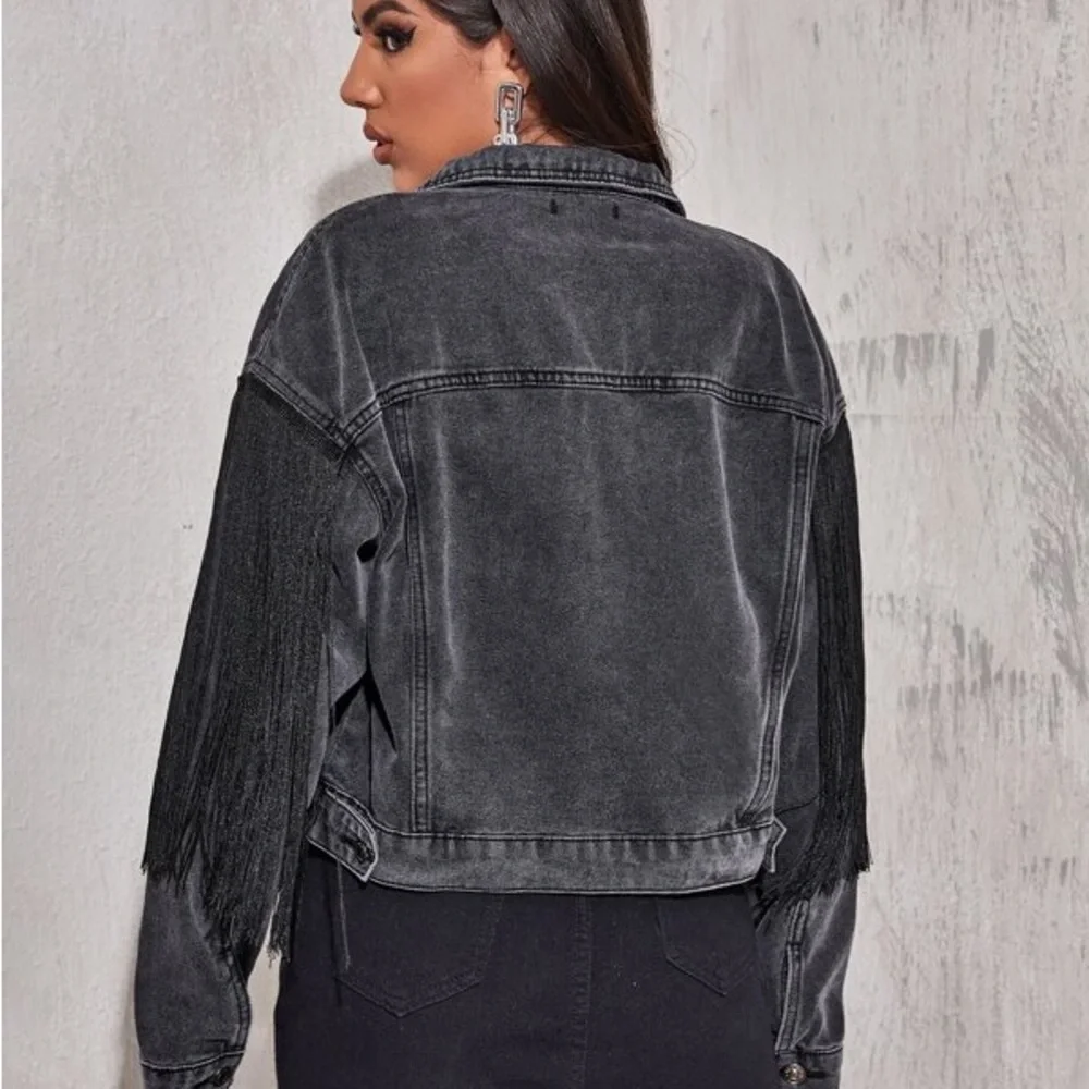 Women's Black Fringe Denim Jacket - Statement Jean Coat - Picture 2 of 5